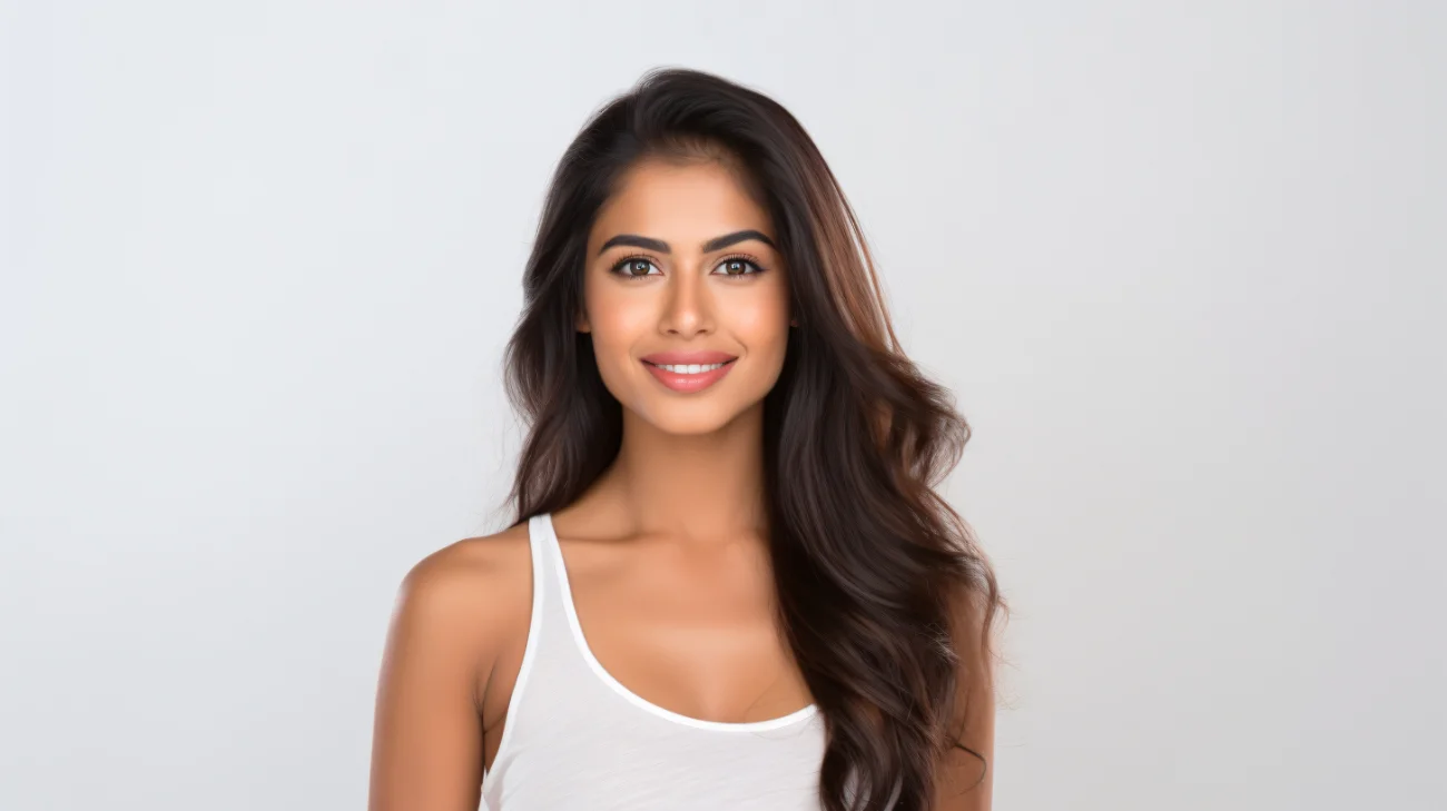 portrait of an attractive indian female in her s with long brown hair isolated against a white background